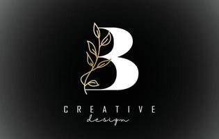 witte b brief logo ontwerp met gouden bladeren tak vectorillustratie. vector