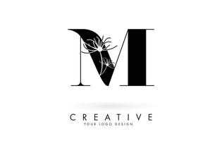 m brief logo ontwerp met elegante en abstracte bloemen vectorillustratie. vector