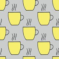 beker en stoom naadloos patroon. hand getrokken doodle stijl. , minimalisme, schets. trendy kleuren 2021, geel, grijs. behang, textiel, inpakpapier, achtergrond warme drank koffie thee menu vector