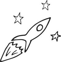 raket vliegt tussen het sterrenpictogram. schets hand getrokken doodle stijl. , minimalisme, zwart-wit. ruimte, schatje vector