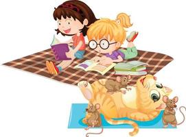 kinderen lezen hun boeken met kat die met muizen speelt vector