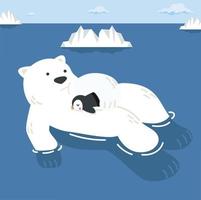 ijsbeer met kleine pinguïn slaapt in noordpoolgebied vector