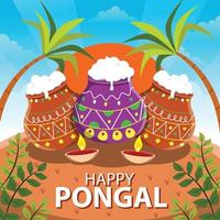 viering van happy pongal festival met pot en boom vector