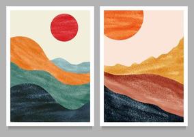 set van creatieve minimalistische handgeschilderde illustraties van het midden van de eeuw modern. natuurlijke abstracte landschapsachtergrond. berg, bos, zee, lucht, zon en rivier vector