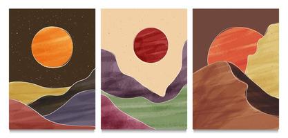 halverwege de eeuw moderne minimalistische kunstdruk. abstracte hedendaagse esthetische achtergronden landschappen set met zon, maan, zee, bergen. vectorillustraties vector