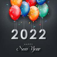 gelukkig nieuwjaar 2022 wenskaart met realistische kleurrijke ballonnen viering achtergrondontwerp voor wenskaart, poster, banner. vectorillustratie. vector