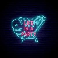 neon uithangbord met gloeiende tekst het leven is een feest en tropische bladeren. vector