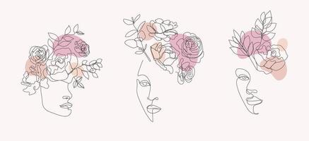 vector set vrouwen gezichten, lichamen lijntekeningen illustraties, logo's met bloemen en bladeren, vrouwelijk natuur concept. gebruik voor prints, tatoeages, posters, textiel, logo's, kaarten enz.