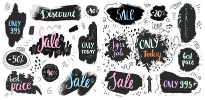 vector set hand getrokken grunge verkoop banners, doodle borstel belettering promotie banners, tags. kerstmis, nieuwjaar, zwarte vrijdag, cyber maandag of winter herfstuitverkoop