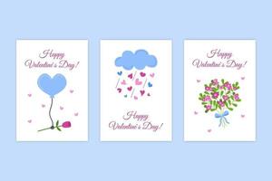 Valentijnsdag wenskaarten. vector collectie van kerstkaarten. harten, ballon met roos, bloemen en schattige wolk. valentijnsset