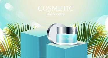 cosmetica of huidverzorgingsproduct advertenties met fles, blauwe achtergrond met tropische bladeren. vector illustratie ontwerp