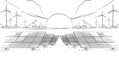 zonnepanelen en windturbines of alternatieve energiebronnen. ecologische duurzame energievoorziening. vector illustratie ontwerp.