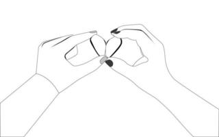 twee handen die twee halve hartvormvoorwerpen houden, gelukkig romantisch paar kleurende pagina's vectorillustratie. vector
