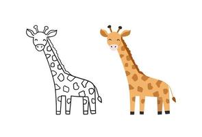 vector handgetekende illustratie met giraffe. leuk grappig dier. contour- en kleurenversie.
