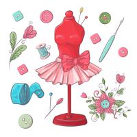 Set mannequin naai-accessoires. Handtekening. Vector illustratie