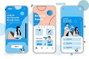 onboarding-schermen voor schoonheidssalonconcept voor sjablonen voor mobiele apps. kapper maakt kapsel, haarverzorgingsprocedures. ui, ux, gui gebruikersinterfacekit met mensenscènes voor webdesign. vector illustratie