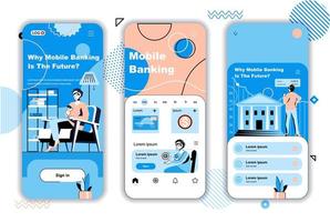onboarding-schermen voor mobiel bankieren voor sjablonen voor mobiele apps. online financiële transacties en betalingen. ui, ux, gui gebruikersinterfacekit met mensenscènes voor webdesign. vector illustratie