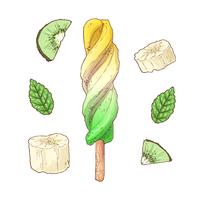 Set van citroen-ijs van de kiwi-banaan. Vector illustratie. Handtekening