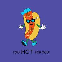 retro fastfood mascotte illustraties. oude stripfiguur. cool hotdogkarakter in een pet en belettering vector