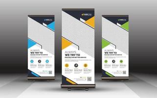 abstract blauw, geel, groen, zakelijke roll-up banner bewegwijzering staande sjabloonontwerp, professioneel creatief modern uniek x banner bewegwijzering ontwerp vector