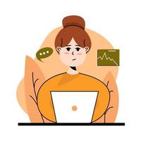 vrouw die op de computer werkt. verwerken. ze denkt, ideeën, taken en succes. vector illustratie