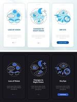bijwerkingen wit, zwart onboarding mobiele app paginascherm. oogchirurgie walkthrough 3 stap grafische instructies met concepten. ui, ux, gui vectorsjabloon met lineaire nacht- en dagmodusillustraties vector