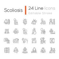 scoliose lineaire pictogrammen instellen. scoliose stadia en typen. lichamelijke handicap. kromming van de wervelkolom. aanpasbare dunne lijncontoursymbolen. geïsoleerde vectoroverzichtsillustraties. bewerkbare streek vector