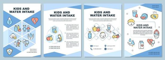 brochuresjabloon voor kinderen en waterinname. waterhoeveelheid voor kinderen. flyer, boekje, folder afdrukken, omslagontwerp met lineaire pictogrammen. vectorlay-outs voor presentatie, jaarverslagen, advertentiepagina's vector