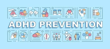 adhd preventie woord concepten banner. cognitieve gedragstherapie. infographics met lineaire pictogrammen op blauwe achtergrond. geïsoleerde creatieve typografie. vector overzicht kleur illustratie met tekst