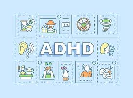 aandachtstekort hyperactiviteit stoornis woord concepten banner. adhd-tekens. infographics met lineaire pictogrammen op blauwe achtergrond. geïsoleerde creatieve typografie. vector overzicht kleur illustratie met tekst