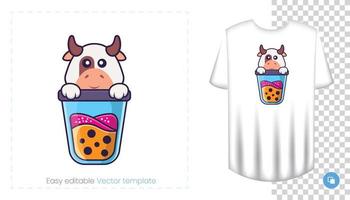 schattig koe karakter. prints op t-shirts, sweatshirts, hoesjes voor mobiele telefoons, souvenirs. geïsoleerde vectorillustratie op witte achtergrond. vector