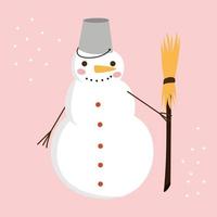 schattige cartoon sneeuwpop ruitenwissers met een emmer op zijn hoofd en een bezem verheugt zich in de winter op een roze achtergrond. platte vectorillustratie. vector