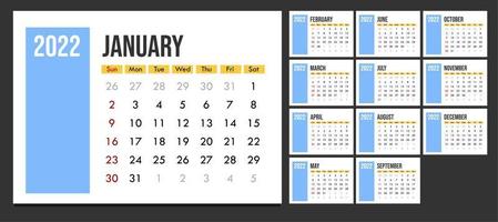 maandelijkse kalendersjabloon voor 2022 jaar. week begint op zondag. kalender in witte en blauwe minimalistische stijl.