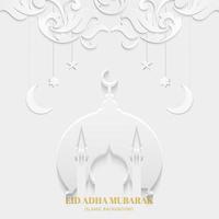 eid adha mubarak wenskaart witte kleur met moskee en textuur bloemmotief islamitisch ontwerp vector