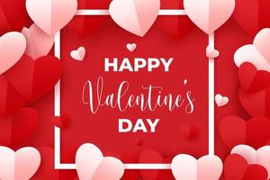 gelukkige Valentijnsdag wenskaart. vectorillustratie van rode en roze papieren harten met wit vierkant frame op rode achtergrond vector