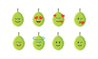 set van schattige durian met emoticon lichtjes lachend gezicht, gezicht blaast een kus, gezicht met hart, lachend met halo, lachend met hartogen vector