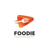 foodie voedsel jager voedsel minnaar video kanaal logo sjabloon pictogram symbool met negatieve ruimte van vork illustratie binnen vector afspeelknop