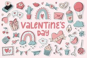 set van 32 Valentijnsdag stickers met witte rand geïsoleerd op roze achtergrond. goed voor posters, kaarten, prenten, tags, borden, clipart, enz. eps 10 vector