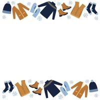 winterkleding frame. blauwe trui, laarzen, sokken, vest, muts en vest op witte achtergrond. doodle stijl vector