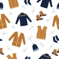 naadloze patroon winterkleren. blauwe trui, laarzen, sokken, vest en vest op witte achtergrond. doodle stijl. vector