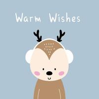 winter wenskaart schattige herten hoofdtelefoon dragen. belettering van warme wensen. nieuwjaar en kerst. vector