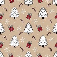 nieuwjaar en kerst. naadloze achtergrond voor print stof en packag paper.spruce boom, cadeau en suikerriet. kerstboom in stijl doodle. vector