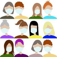 een groep mensen met medische maskers. jonge meisjes en jongens met beschermende maskers van de virus.flat illustration.vector illustration vector