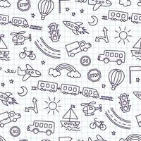 kinderen tekenen van auto's, trein, vliegtuig, helikopter en raket. doodle vervoer. schattige kinderen tekenen. naadloos patroon in kinderstijl. hand getekende vectorillustratie op vierkante notebook achtergrond vector