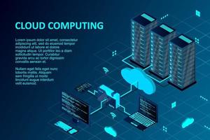 cloud computing concept isometrische vectorillustratie. isometrische cloudtechnologie met datacenter. server, desktopcomputer, laptop, smartphone en map verbonden met cloudservice vector