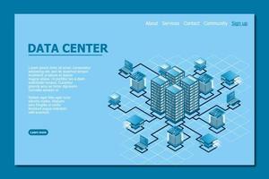 concept van datanetwerkbeheer. vector isometrische kaart met zakelijke netwerkservers, computers en apparaten. cloudopslaggegevens en synchronisatie van apparaten. vector illustratie