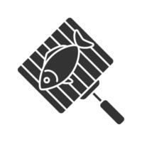 handgrill met zalm vis glyph icoon. silhouet symbool. negatieve ruimte. vector geïsoleerde illustratie