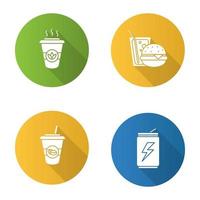 drankjes plat ontwerp lange schaduw glyph pictogrammen instellen. afhaalmaaltijden koffie en thee, energiedrank, frisdrank met burger.vector silhouetillustratie vector