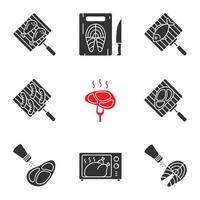 voedselbereiding glyph pictogrammen instellen. barbecue. grillen, zouten, snijden, vis koken in de magnetron, vlees en worstjes. silhouet symbolen. vector geïsoleerde illustratie