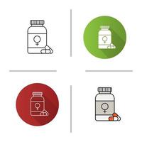 vrouwelijke pillen fles pictogram. plat ontwerp, lineaire en kleurstijlen. medicijnen. geïsoleerde vectorillustraties vector